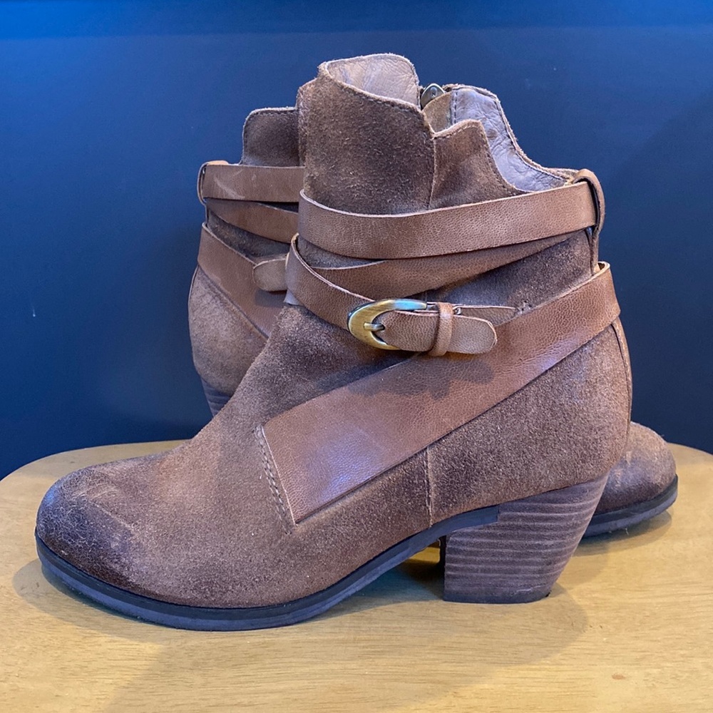 Brown suede Antelope booties w/ straps & buckles